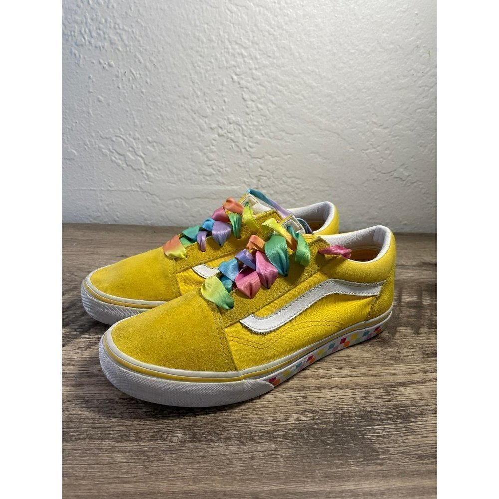 VANS OLD KIDS SKOOL SKATE SIZE 4.5 BRIGHT YELLOW RIBBON RAINBOW LACES SNEAKERS